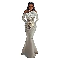 Women's One Shoulder Satin Beading Bridal Ball Gown with Train Mermaid Wedding Dresses for Bride Long Sleeve