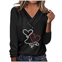 Heart Graphic Shirts for Ladies Casual V Neck Tops Soft Long Sleeve T-Shirt Mother's Day Blouses Loose Pullover