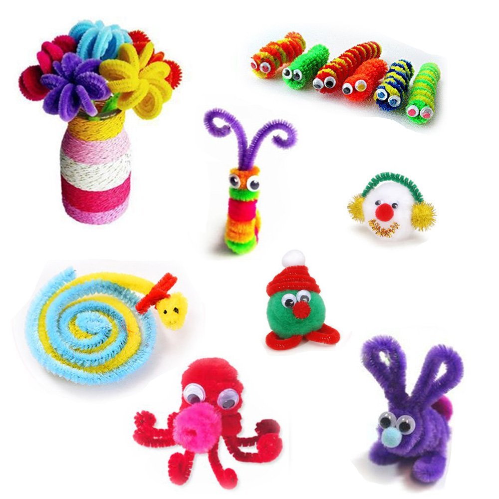 500Pcs Pipe Cleaners Craft Supplies, Including 100 Pcs Pipe Cleaners 200 Pcs Pom Poms Arts and Crafts 200 Pcs Wiggle Googly Eyes Self Adhesive, Arts and Crafts Supplies for Kids