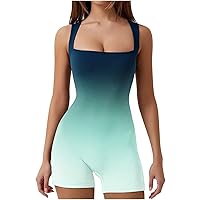 Womens Square Neck Workout Rompers Sexy Sleeveless Tank Top Jumpsuit Yoga Short Romper Gradient Athletic Unitard