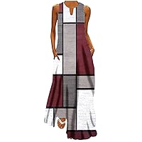 Dresses for Women 2024, Casual Summer Sleeveless Retro Boho Dress, V Neck Loose Maxi Beach Sundresses with Pockets