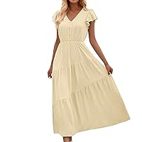 Summer Dresses for Women 2024 Fashion Solid Colour Casual Fresh Style V-Neck Ruffle Sleeve Layered Dresses