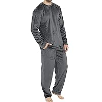 Mens Winter Warm 2 Piece Velvet Pajamas Set Relaxed Fit Long Sleeve Crewneck Thermal Top and Sleepwear Bottoms with Pocket