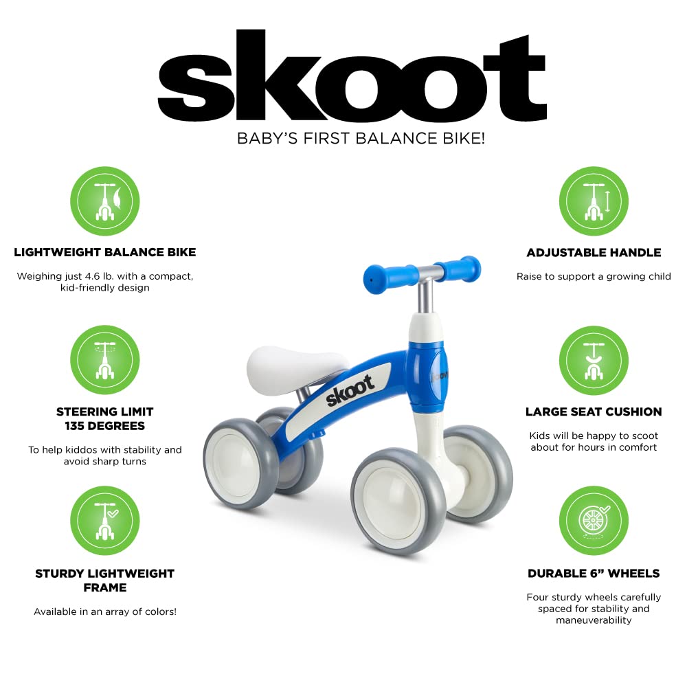 Joovy Skoot Balance Bike for Children 10m and Up to 45lbs Featuring Padded Seat for Comfort, 6” Scratch-Resistant Wheels, Height-Adjustable Handlebars, and 135 Degree Steering Limit (Blueness)