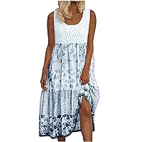 Women's Dress Round Neck Trendy Sleeveless Midi Casual Summer Boho Print Flowy Swing Beach Splicing Loose Sundress