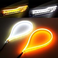 White Amber LED Strip Light 2Pcs 23 Inches 114 PCS Led Chip Dual Color Waterproof Car Flexible Daytime Running Light Strip DRL Switchback Headlight and Turn Signal Light Tube Easy Paste Install