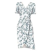 Women's Sundresses 2024 Puff Short Sleeve V Neck Midi Dresses Summer Flower Print Vacation Casual Dresses