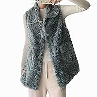 Womens Lapel Sleeveless Furry Fleece Vest Winter Warm Fuzzy Sherpa Button Down Waistcoat Solid Casual Loose Outwear