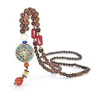 Boho Wooden Beaded Necklaces Vintage Handmade Nepal Mala Wood Beads Meditation Prayer Necklace Ethnic Fish Horn Long Statement Necklace for Women Girl Jewelry-round
