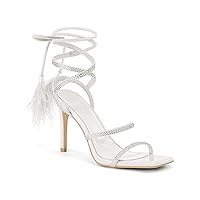Coutgo Womens Strappy Heels Feather Rhinestone Sandals Lace up Sexy Stiletto Prom Dress Shoes