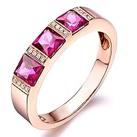 Fashion Three Princess Pink Tourmaline Gemstone Solid 14K Rose Gold Engagement Wedding Ring Set