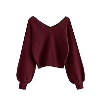 ZAFUL Women's Cropped Sweater V-Neck Long Sleeve Crop Sweater Pullover Jumper Knit Top