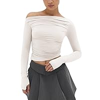 MISS MOLY Women's Sexy Off Shoulder Asymmetrical Tops Ruched Long Sleeve Boat Neck Cropped Y2K Tee Shirts Soft