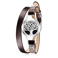 Wild Essentials Tree of Life Essential Oil Bracelet Diffuser, Leather Wrap Band, Stainless Steel Locket Pendant, 12 Color Refill Pads, Customizable Color Changing Perfume Jewelry Aromatherapy, Brown