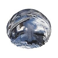 Winter View Print Shower Caps Elastic Reusable Waterproof Bath Caps Double Layer Hair Cap for Women Men