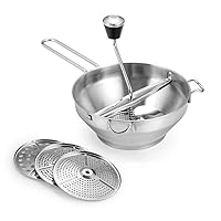 Rotary Food Mill Potato Ricer with 3 Interchangeable Disks, Great for Making Puree or Soups of Vegetables, Baby Foods, Stainless Steel 2-Quart Kitchen Mills, Easy Clean & Easy Assemble, Manual Operati