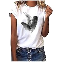 Women Casual Shirts Feather Graphic Summer Tops Round Neck Short Sleeve Cute Tshirt Cozy Blouses Holiday Tee Top