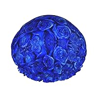 Blue Rose Print Shower Cap,Elastic And Reusable Bath Hair Hat For Long Hair,Large Waterproof Shower Bonnet,For Women Men Kids