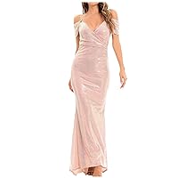Women's Cold Shoulder Wrap V Neck Party Maxi Dress Glitter Sequin Evening Dresses Elegant Bodycon Cocktail Cami Dress