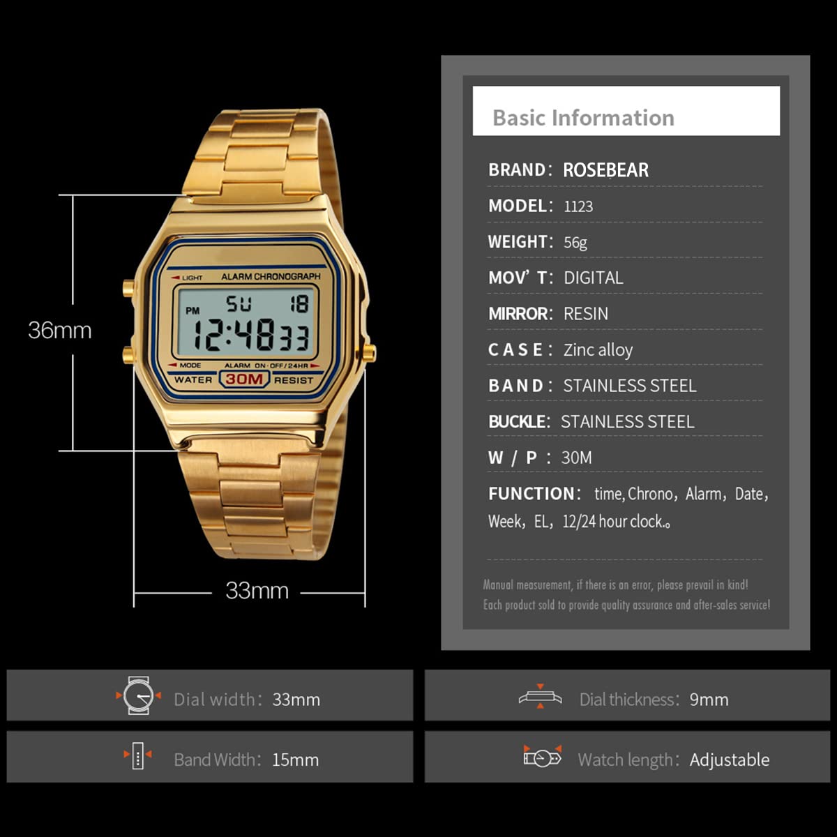 ROSEBEAR Business Uhr Herren Luxus Uhren 30M wasserdichte Edelstahl Sportuhr Digital Armbanduhren