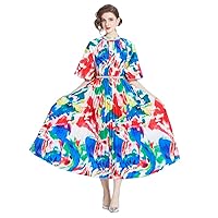 Summer Floral Print Beading Stand O Neck Belt Half Sleeve Women Ladies Casual Party Vacation Midi Long Pleated Dresses