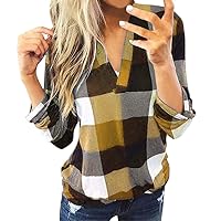 Plaid Shirts for Women Oversized Long Sleeve T Shirts Workout Tops Casual V Neck Slim Fit Blouse Graphic Tees