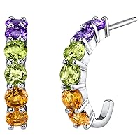 Peora Amethyst, Peridot & Citrine J-Hoop Earrings for Women 925 Sterling Silver, Natural Gemstones, 3 Carats total Round Shape, Friction Backs