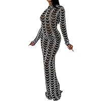 Star Glitter Women's Elegant Fancy Long Gown Transparent Hollow Out Sexy Slim Fit Evening Dress Rhinestone Mesh
