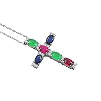 Natural 6X4 MM Oval Cut Ruby Emerald Sapphire Gemstone 925 Sterling Silver July Birthstone Holy Cross Pendant Necklace Ruby Jewelry Love And Friendship Gift(PD-8291)