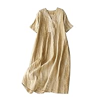 Womens Fashion Retro Short Sleeve A-Line Dress Summer Casual Loose Fit Wrap V Neck Tunic Dresses for Going Out