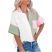 ZunFeo Button Down Shirts for Women Color Block Summer Oversized Tshirt Flutter Sleeve Loose Fit Boyfriend Blouse with Pocket