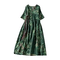 Women's Vintage Cotton Linen Dress Frill Trim Button Down 3/4 Sleeve Casual Midi Dresses Summer Loose Flowy Sundress