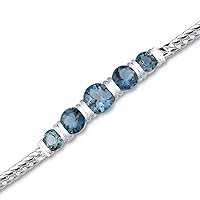 PEORA London Blue Topaz 5-Stone Bracelet for Women 925 Sterling Silver, Natural Gemstone, 5 Carats total Round Shape, 7 1/2 inches