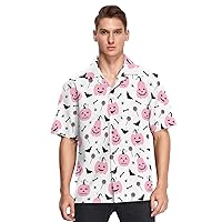 Halloween Pink Pumpkin Bat Hawaiian Shirt for Men,Men's Casual Button Down Shirts Short Sleeve for Men S