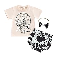 pengnight Western Baby Girl Clothes Cow Print Summer Short Sleeve Tshirt Tops Shorts Set Boho 3Pcs Outfits