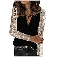Sequin Tops for Women Glitter Sparkly Long Sleeve Pullover Shirts Casual Crew Neck Color Block Fashion Blouses