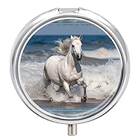 White Horse Running on The Sea Pill Box 3 Compartment Round Small Pill Case Travel Pillbox for Purse Pocket Metal Medicine Organizer Portable Pill Container Holder to Hold Vitamins Medication Fish Oil