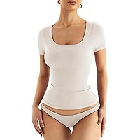 Women Square Neck Seamless Tops with Built in Bra No Pads Short Sleeve Ribbed T Shirts
