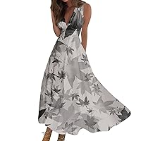 Boho Dresses for Women 2024,Women's Casual Summer Dress Long Sleeveless V-Neck Waist Retraction Printed Dress