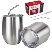 Vacuum Insulated Metal Glasses Wine Tumbler with Lid Straw Stainless Steel Cups, 12 oz - 2 pack, Silver