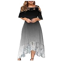 Plus Size Floral Lace Patchwork Dresses Women Off Shoulder Short Sleeve Midi Dress Gradient High Low Cocktail Dress