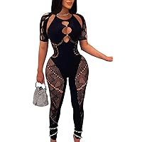 ZileZile Women's Sexy See Through Outfit One Piece Bodycon Cut Out Mesh Jumpsuit