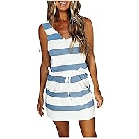 Sundresses for Women 2024 Summer Trendy Striped Drawstring Boho Beach Dress Casual Loose V Neck Mini Dress with Pockets