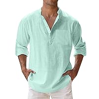 Stretch Cotton Solid Mens Shirts with Pocket Soft V Neck Long Sleeve Tee Casual Lightweight Comfortable Summer