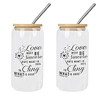 2 Pack Glass Cup with Bamboo Lid And Straw Love Must Be Sincere. Hate What Is ; to What Is Good Glass Cup Cute Glass Cups Mothers Day Gifts Cups Great For Iced Coffee Juice