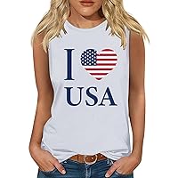 I Love USA Letter Tank Tops Women’s 4th of July Patriotic Shirts Funny Heart American Flag Sleeveless Casual T-Shirt