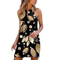 Summer Dresses for Women 2023 Neck Flowy Beach Dress Women's Strapless Pleated Casual Dress Knee Length(Gold,XX-Large)