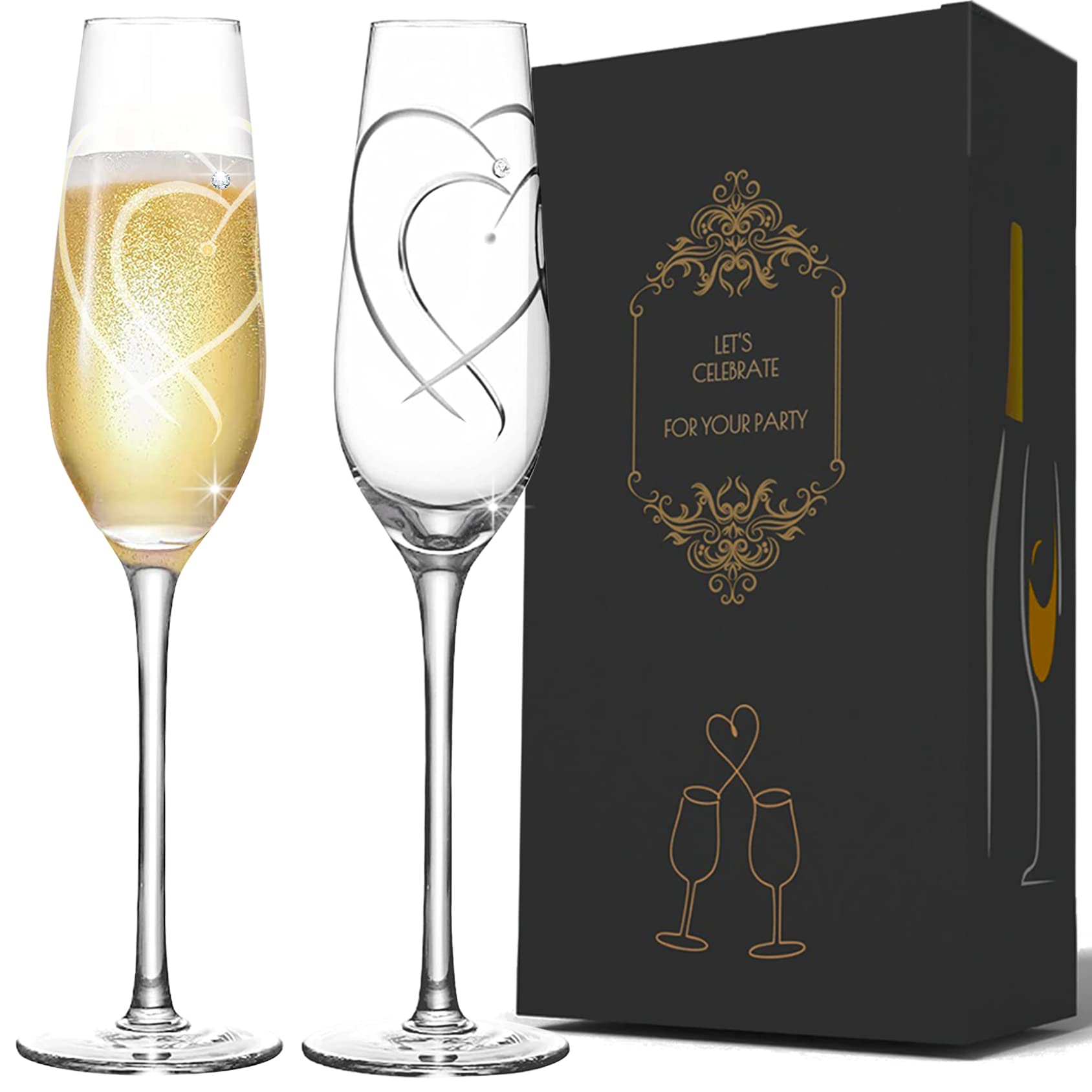 VARLKA Champagne Flutes set of 2, Bride and Groom Wedding Toasting Champagne Glasses with Love Heart Decorated with Real Crystals, Wine Glasses, Wedding Gifts for Couple Engagement gifts