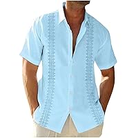 Mens Casual Hawaiian Shirts Cotton Linen Short Sleeve Button Down Shirts Summer Holiday Beach Shirt Vacation Blouse