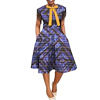 Summer Plus Size Dress for Women Tassel Sleeve Knee-Length Women Wax Print Dress with Bowtie